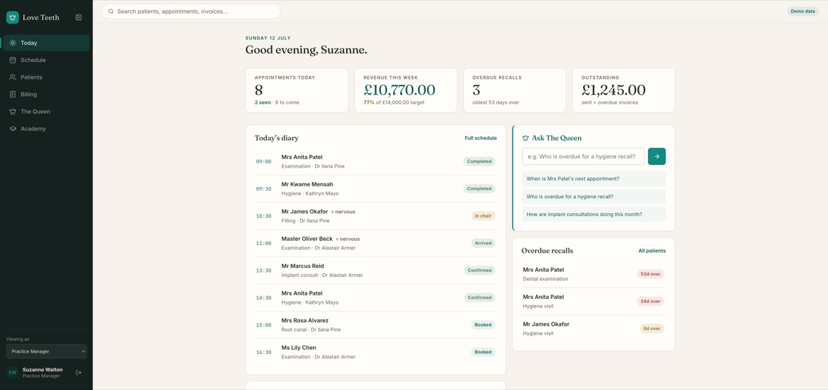 Dental OS — clinic dashboard with today's diary and Ask The Queen AI panel