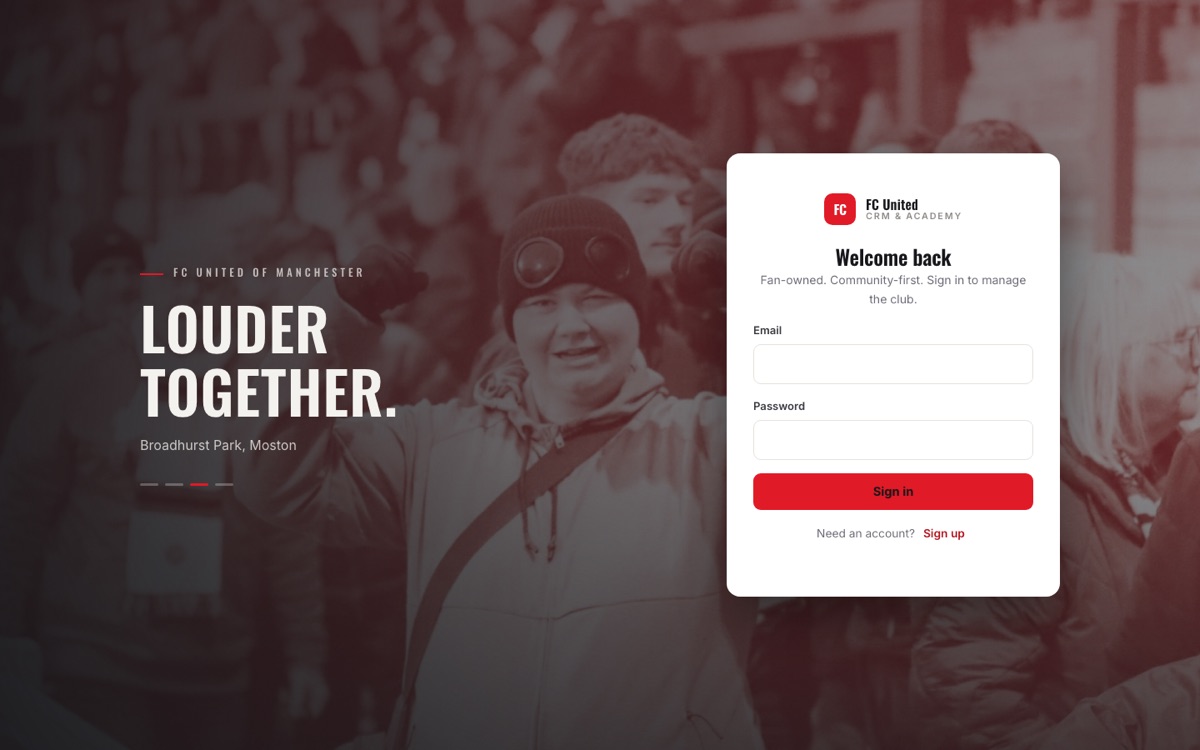 FC United CRM — Louder Together sign-in with fan photography