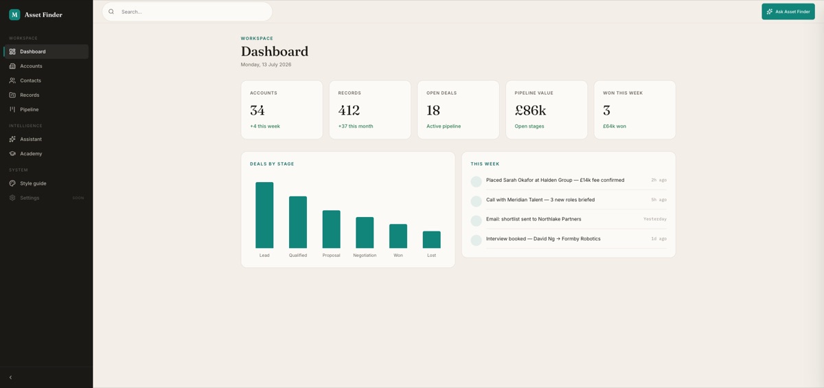 Merlin Asset Finder — recruitment CRM dashboard